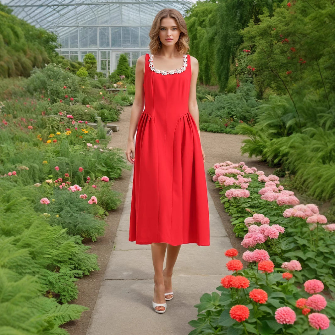 Entry Lux Elegant Dress Autumn Dinner Dress Diamond Embedded Pleating Slim Slimming Dress Women by Ragazza