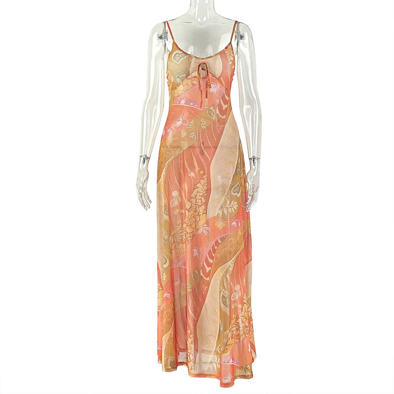 Printed Lightweight Women Sexy Backless Hip Dress Slim Strap Casual Holiday Maxi Dress by Ragazza