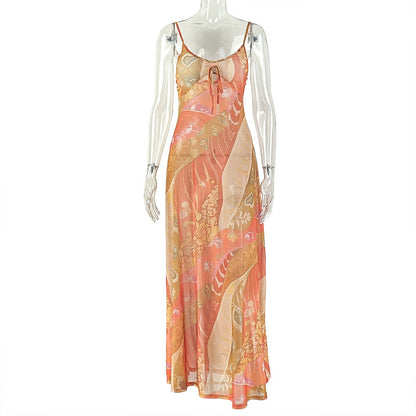 Printed Lightweight Women Sexy Backless Hip Dress Slim Strap Casual Holiday Maxi Dress by Ragazza