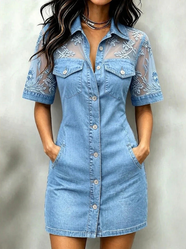 Summer Women Casual Patchwork Lace Denim Mini Dress  DestGlow