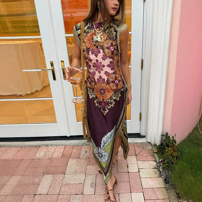 Tassel Positioning Printed Dress Satin Sleeveless Holiday Dress  DestGlow