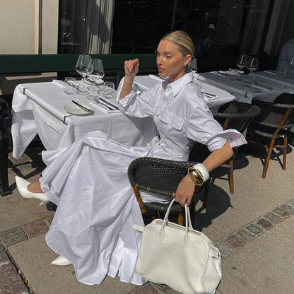 Design Pleated Single Breasted Shirt Dress Autumn Polo Collar Long Sleeve High Waist White Long Dress by Ragazza