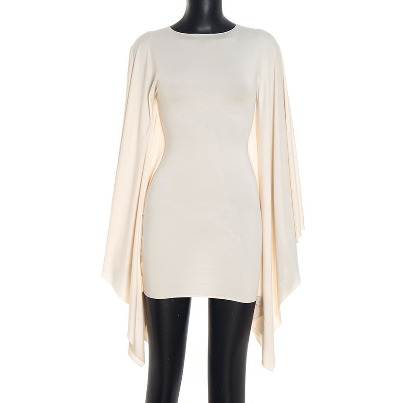 Women Clothing Autumn Solid Color Casual Slim Hip Bat Version Long Sleeve round Collar Dress by Ragazza