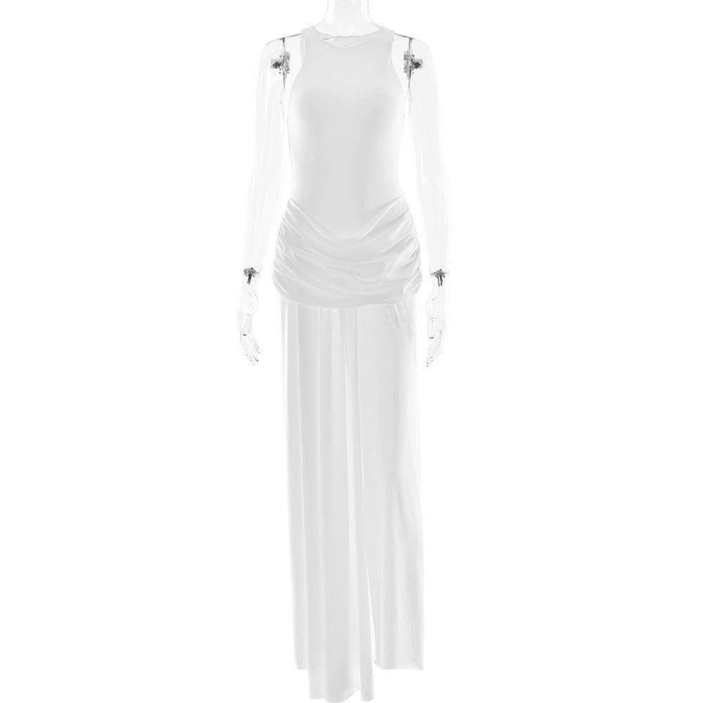 Summer Elegance Split Pleated Dress Sexy Sleeveless Solid Color Mop Dress by Ragazza