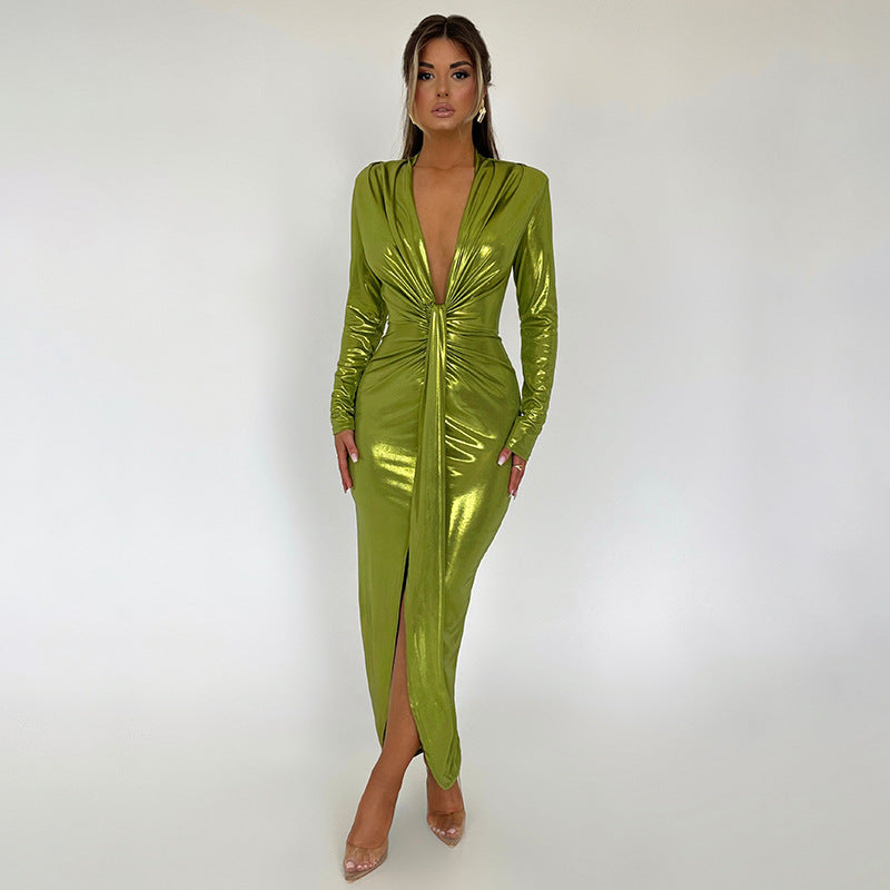 Metallic Coated Fabric Dress Sexy Glossy V neck Long Sleeve Stitching Ruffle Hip Leather Dress by Ragazza