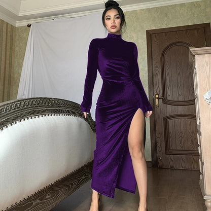 Women Clothing Autumn Winter Turtleneck Maxi Dress Slim Pleated Split Dress by Ragazza