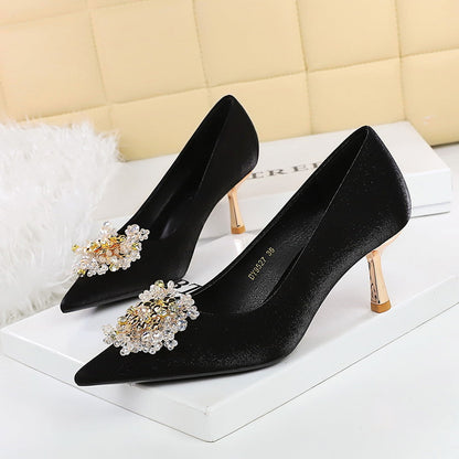French Metal High Heel Women Shoes Rhinestone Floral Decoration Pointed Toe Satin Stiletto Heel Pumps Women  DestGlow