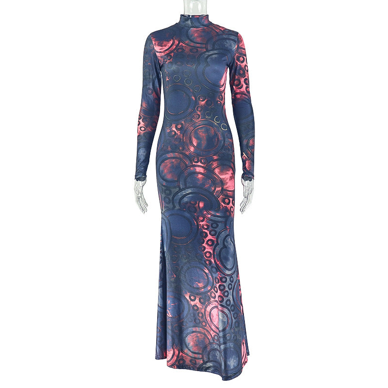 Charm Women Printed Wear Color Matching Hip Dress Sexy Stand up Collar Long Sleeve Waist Tight Dress by Ragazza