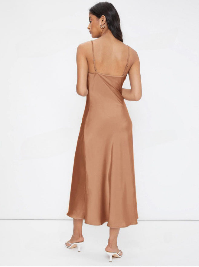 Women Clothing Spring Summer Satin Sling Deep V Plunge neck Slim Solid Color Dress by Ragazza