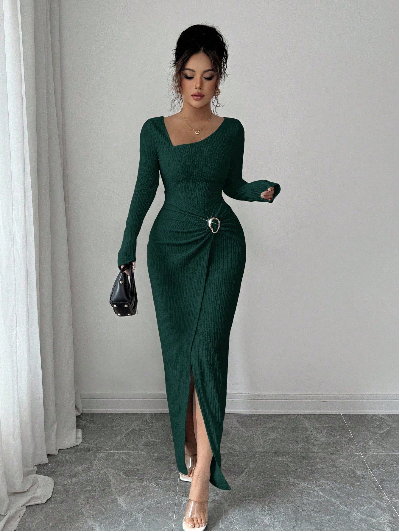 Autumn Winter Irregular Asymmetric Neckline Solid Color Knitted Texture Maxi Dress Women by Ragazza