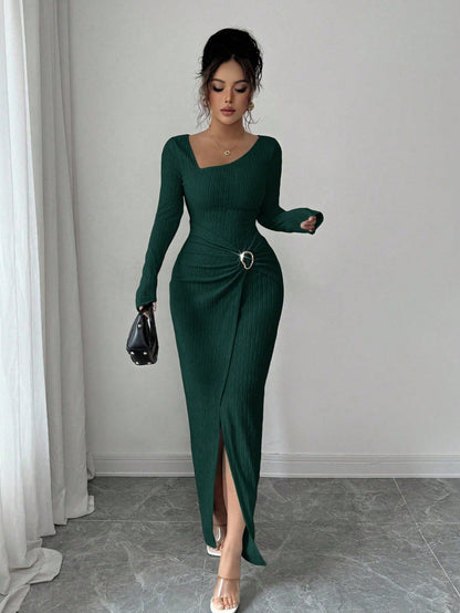 Autumn Winter Irregular Asymmetric Neckline Solid Color Knitted Texture Maxi Dress Women by Ragazza