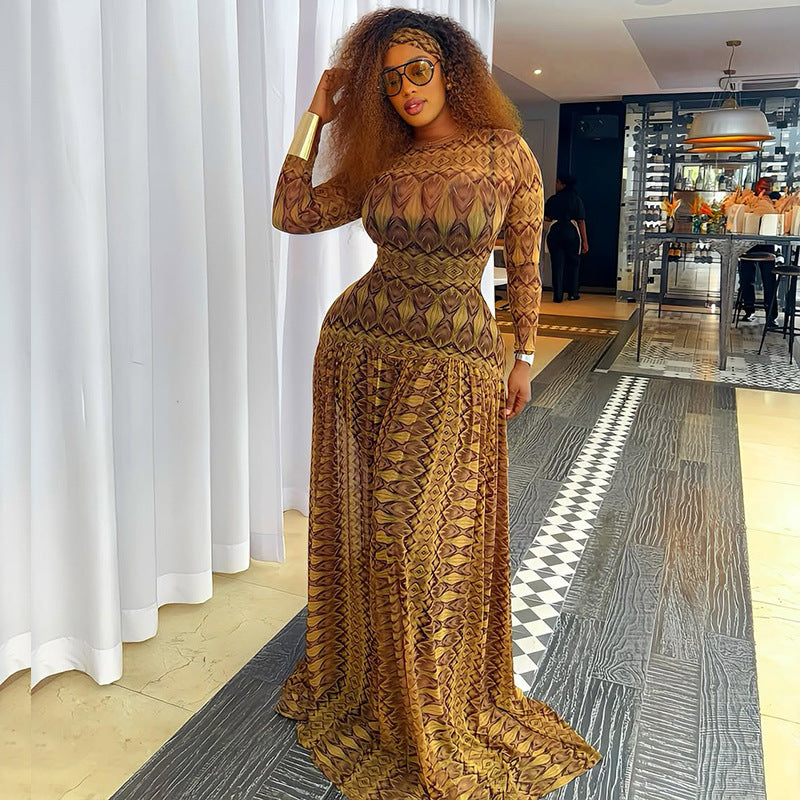 Elegant Retro Women Waist Slimming Micro Transparent A line Printing round Neck Long Sleeved Dress by Ragazza