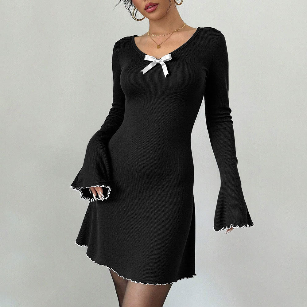 Elegant Hepburn Knitted Black White Contrast Color Bell Sleeve Slim Fit A line Long Sleeve Dress by Ragazza