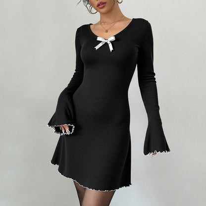 Elegant Hepburn Knitted Black White Contrast Color Bell Sleeve Slim Fit A line Long Sleeve Dress by Ragazza
