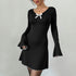 Elegant Hepburn Knitted Black White Contrast Color Bell Sleeve Slim Fit A line Long Sleeve Dress by Ragazza