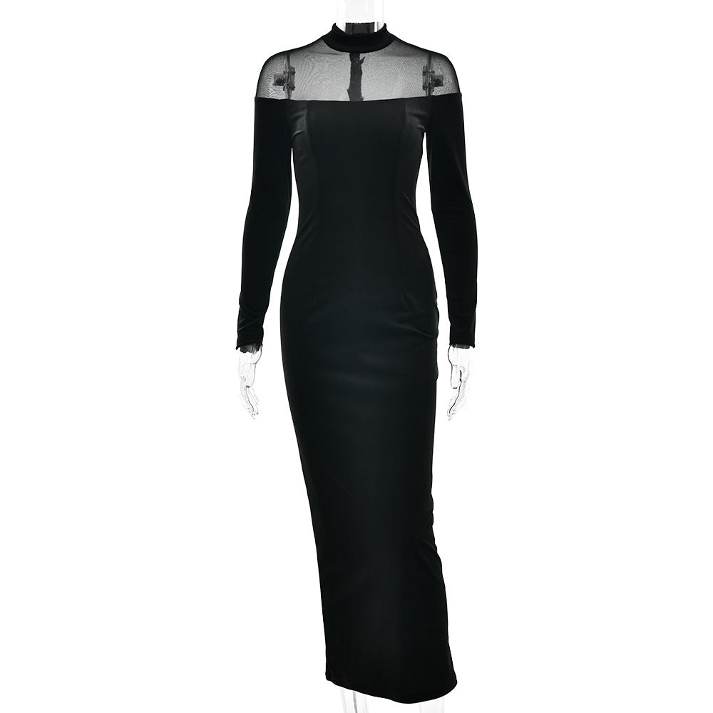 Autumn Winter Wear Voile See through Stitching Dress Sexy Tight Solid Color Dress by Ragazza