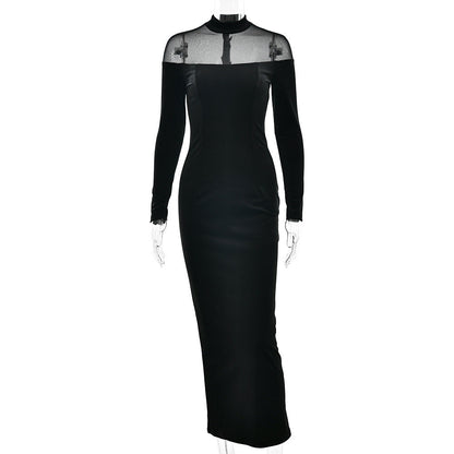 Autumn Winter Wear Voile See through Stitching Dress Sexy Tight Solid Color Dress by Ragazza