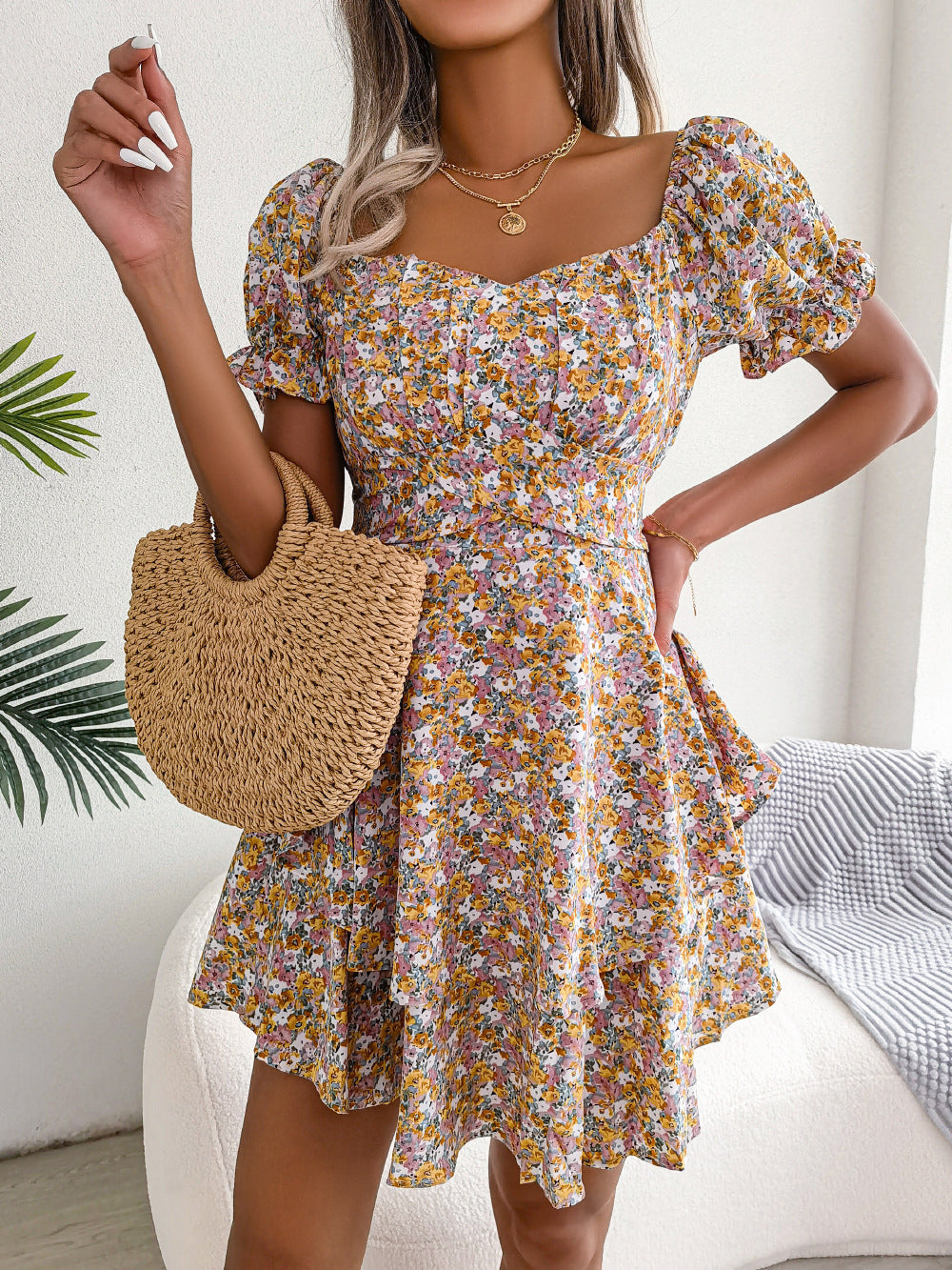 Spring Summer Elegant Floral Lace-up Waist-Controlled Large Hem Dress Women Clothing by Ragazza