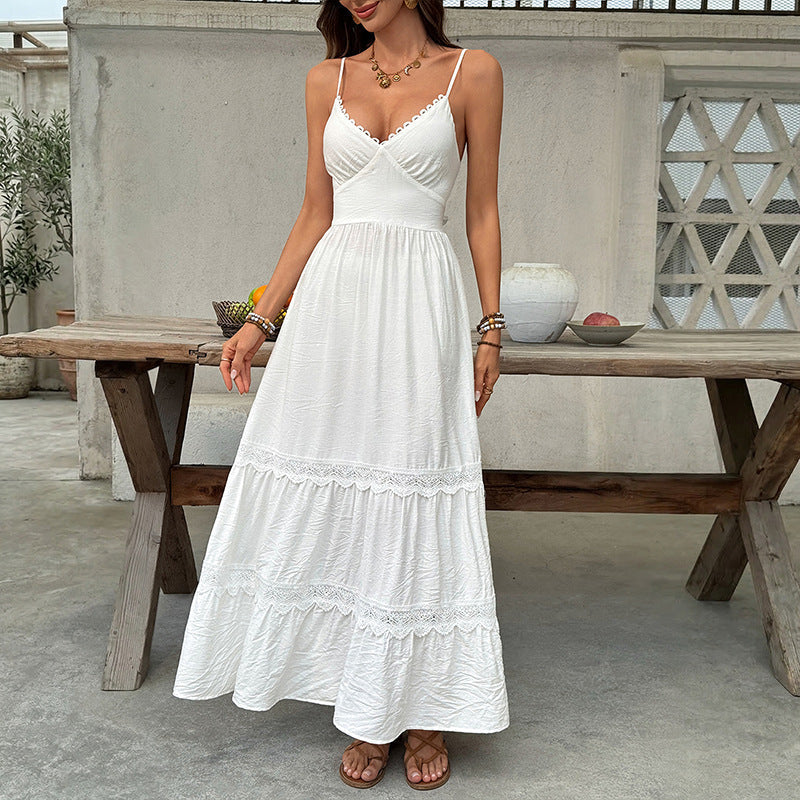 Simple Vacation White Lace Sling Cake Large Swing Dress by Ragazza