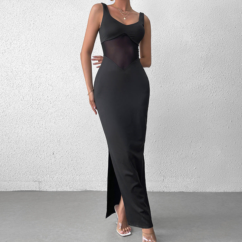 Milk Silk Stitching Mesh Cami Dress Sexy Split Backless Formal Dress Maxi Dress by Ragazza