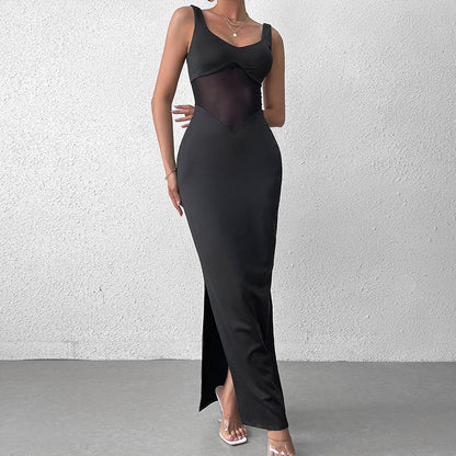 Milk Silk Stitching Mesh Cami Dress Sexy Split Backless Formal Dress Maxi Dress by Ragazza
