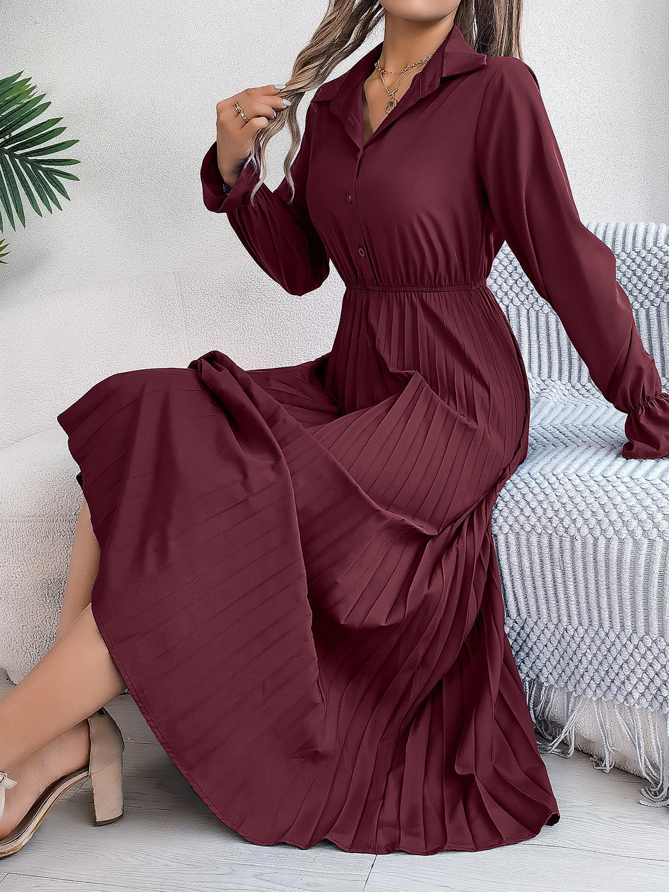 Autumn Winter Casual Collared Button Long Sleeve Cinched Pleated Maxi Dress Women Clothing by Ragazza