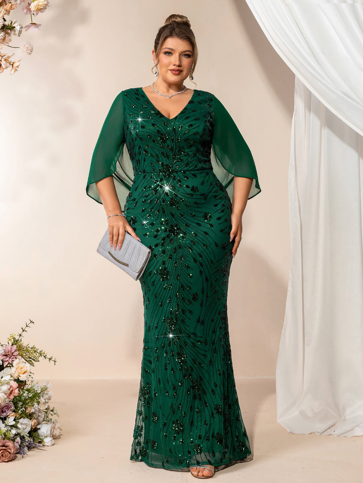 Plus Size Summer Autumn V neck Stretch Sequined Short Sleeve Shawl Ribbon Evening Dress Fishtail Dress