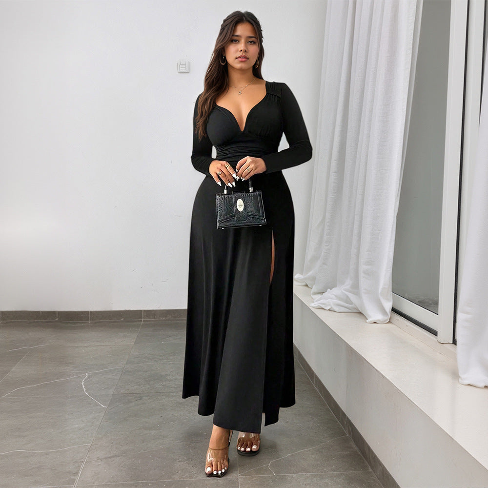 Retro Deep V Plunge neck Long Sleeve Split Black Large Swing Dress Women Slim Waist Elegant Formal Dress by Ragazza