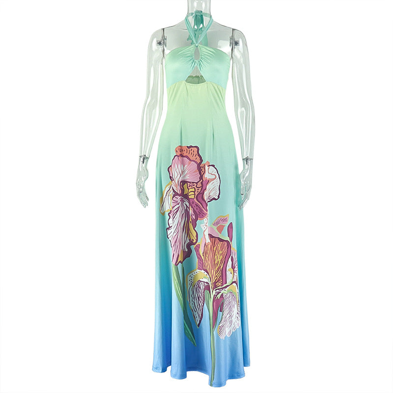 Fresh Gradient Women Printed Pattern Waist A line Dress Halter Cut out Maxi Dress by Ragazza
