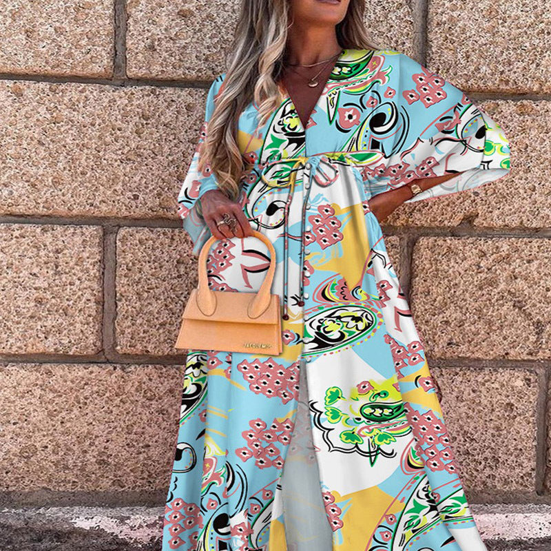 Women Clothing Spring Summer Casual Vacation V neck Printed Dress by Ragazza