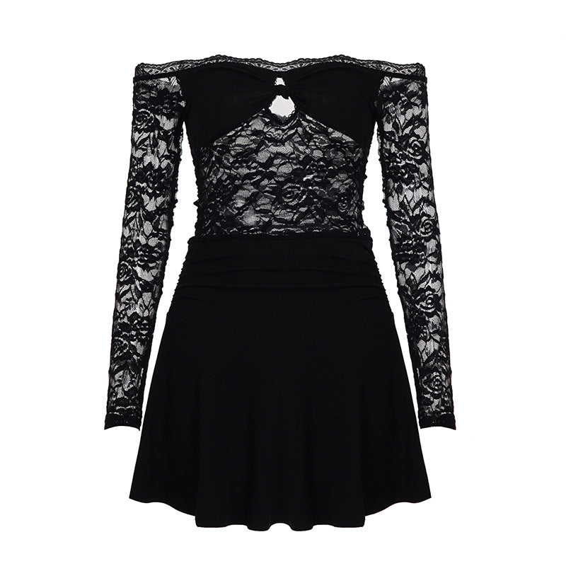 Lace Hollow Out Cutout Sexy off Shoulder Dress Women Adult Lady like Woman Slim Fitting Patchwork Tiered Dress by Ragazza