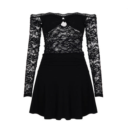Lace Hollow Out Cutout Sexy off Shoulder Dress Women Adult Lady like Woman Slim Fitting Patchwork Tiered Dress by Ragazza