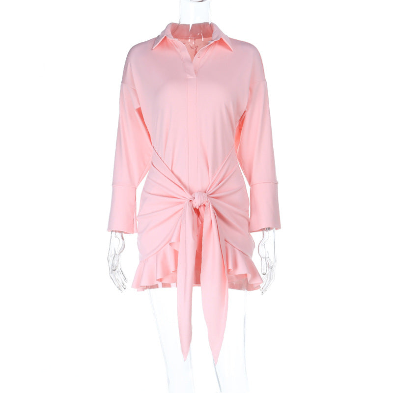 Full Support Ruffled Lace up Casual Elegant Solid Color Long Sleeve Shirt Dress by Ragazza