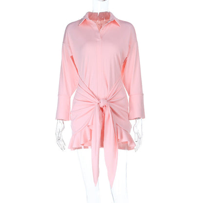 Full Support Ruffled Lace up Casual Elegant Solid Color Long Sleeve Shirt Dress by Ragazza