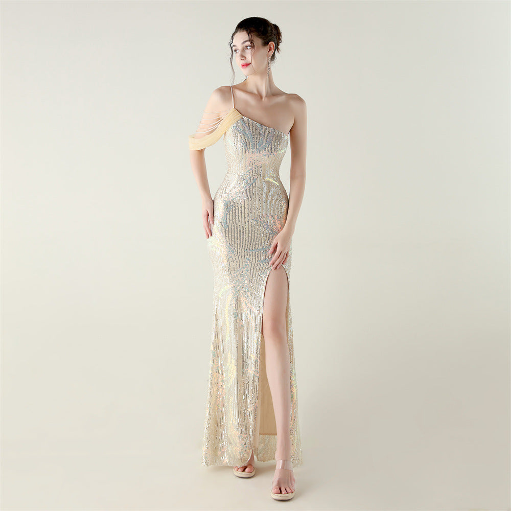 Sequin Mesh Craft Beaded Evening Dress off the Shoulder High Slit Fishtail Dress Swing Cocktail Social Socialite by Ragazza