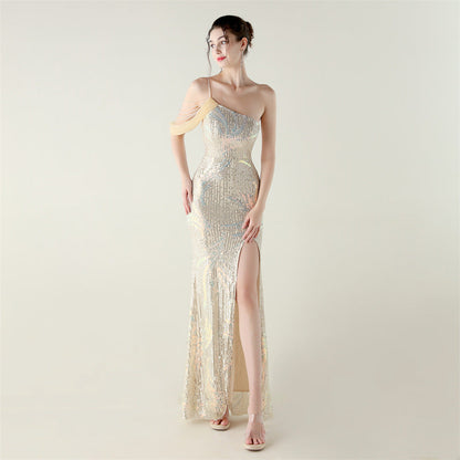 Sequin Mesh Craft Beaded Evening Dress off the Shoulder High Slit Fishtail Dress Swing Cocktail Social Socialite by Ragazza