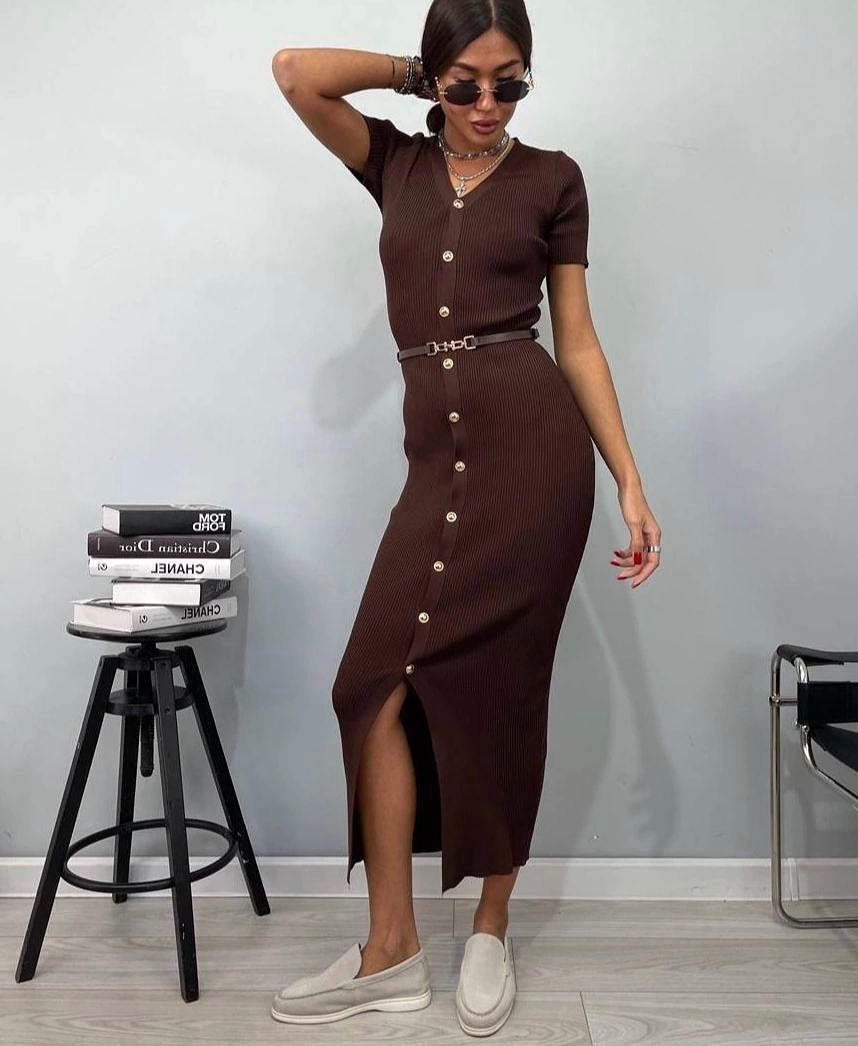 V neck Multi Breasted Dress Knitted Solid Color Slim Fit Short Sleeve Elegant Retro Long Knitted Hip Dress Women  DestGlow