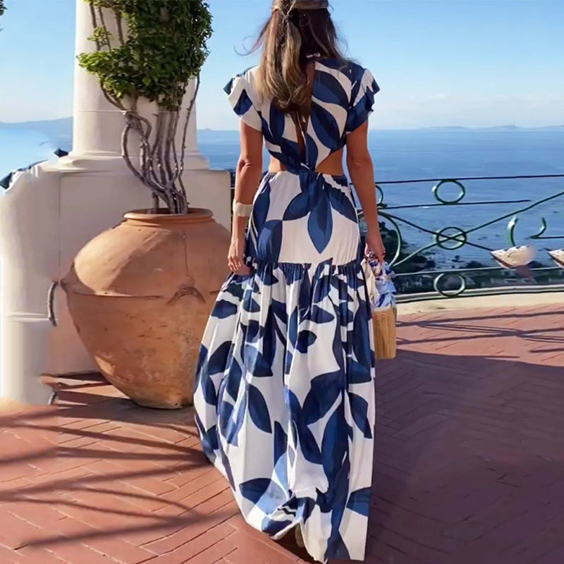 Summer Women Printed V Neck Sexy Waist Lace Up Pleated Dress by Ragazza