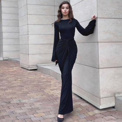 Women Clothing Autumn Pleated Waist Tight Lace up Long Sleeve Dress Women by Ragazza