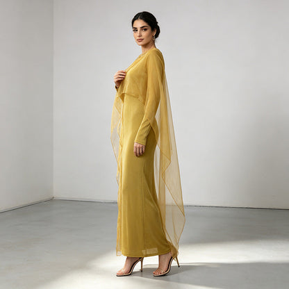 Elegant Graceful Dress Autumn Niche round Neck Mesh Stitching Solid Color High Waist Maxi Dress  DestGlow