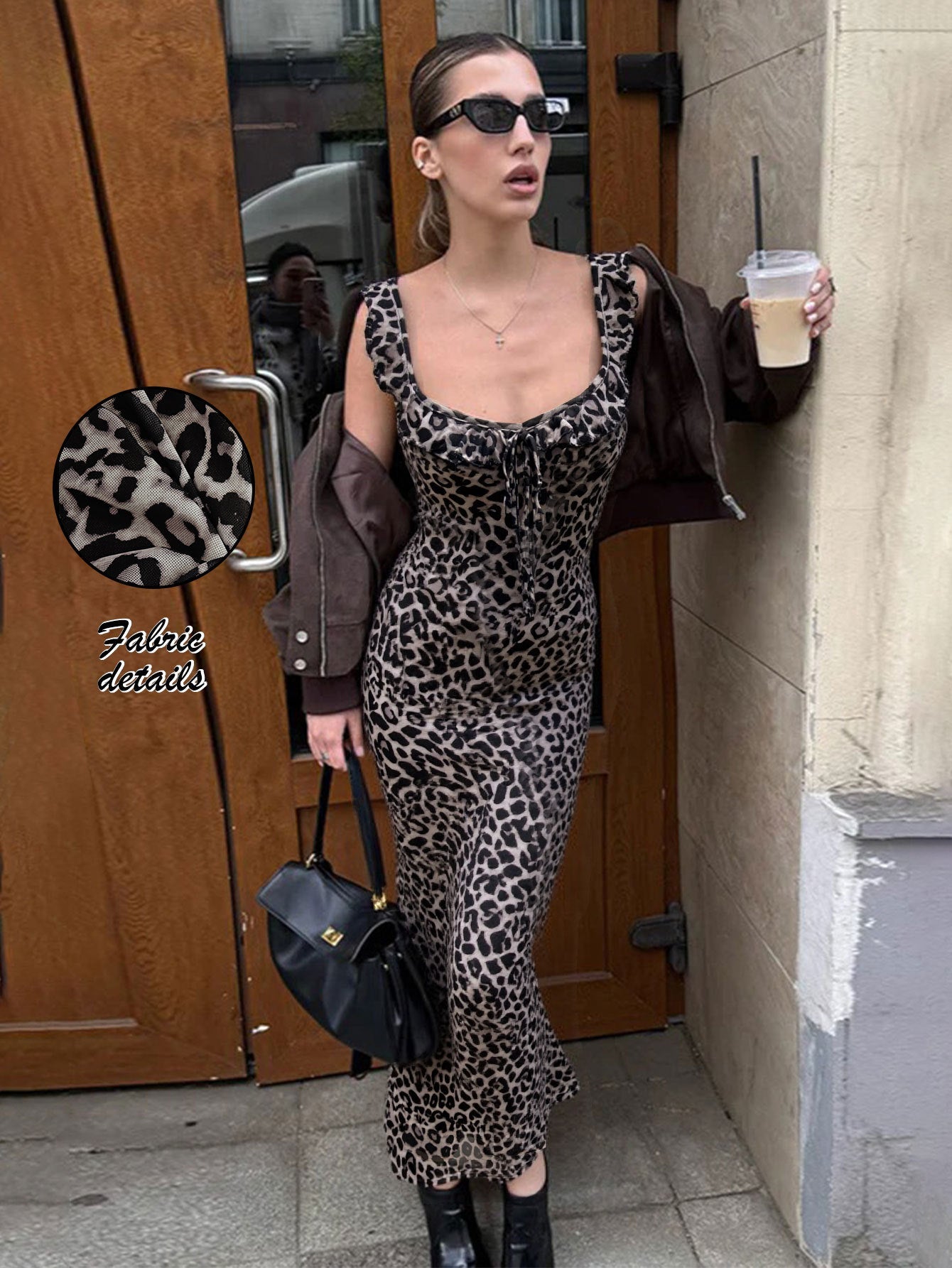 Vintage Leopard Print Lace up Waist Trimming Spaghetti Straps Dress Women Mid Length Sexy Slim Fit Figure Flattering Maxi Dress by Ragazza