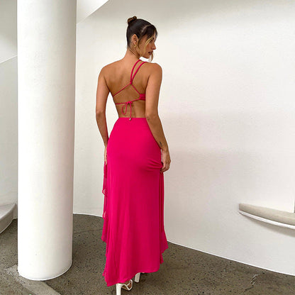 Summer French Strap Dress Women Ruffled Irregular Asymmetric Slit Maxi Dress Sexy by Ragazza