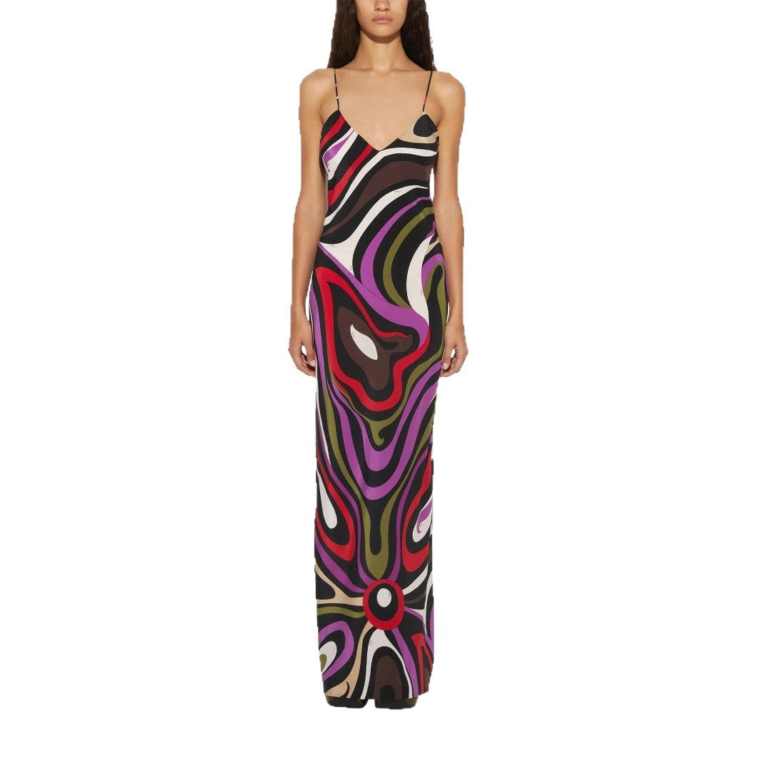 Summer Printed Satin Strap Backless Maxi Dress Women by Ragazza