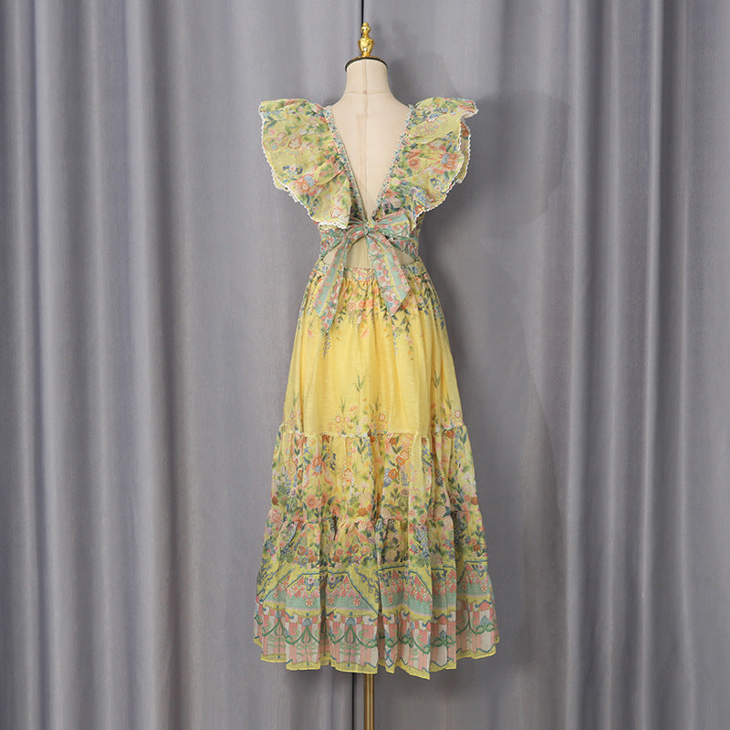 Western Retro Midi Dress Deep V Plunge neck Flounce High Waist A line Large Hem Printed Dress  DestGlow