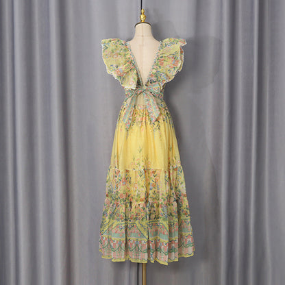 Western Retro Midi Dress Deep V Plunge neck Flounce High Waist A line Large Hem Printed Dress  DestGlow