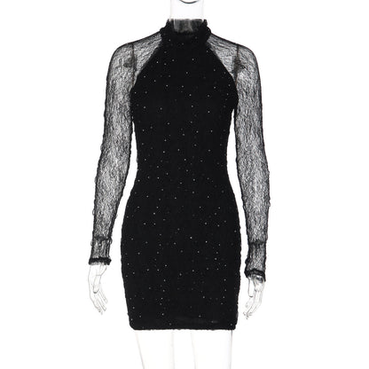 Women Winter Sexy Slim Lace Rhinestone Sheath Long Sleeve Dress by Ragazza