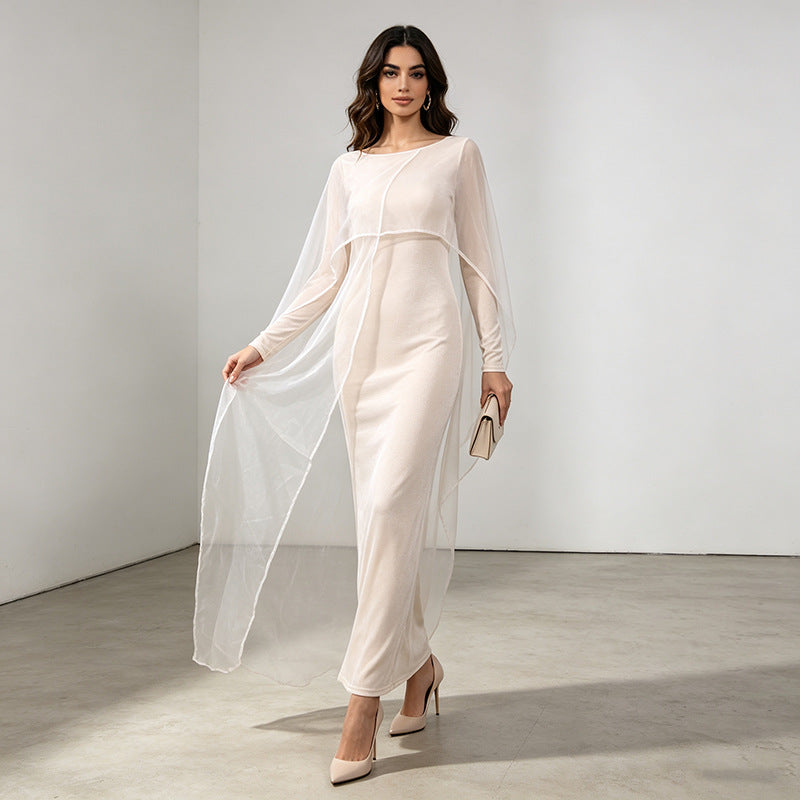 Elegant Graceful Dress Autumn Niche round Neck Mesh Stitching Solid Color High Waist Maxi Dress  DestGlow