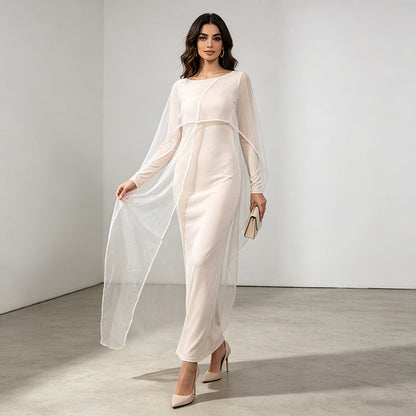 Elegant Graceful Dress Autumn Niche round Neck Mesh Stitching Solid Color High Waist Maxi Dress  DestGlow