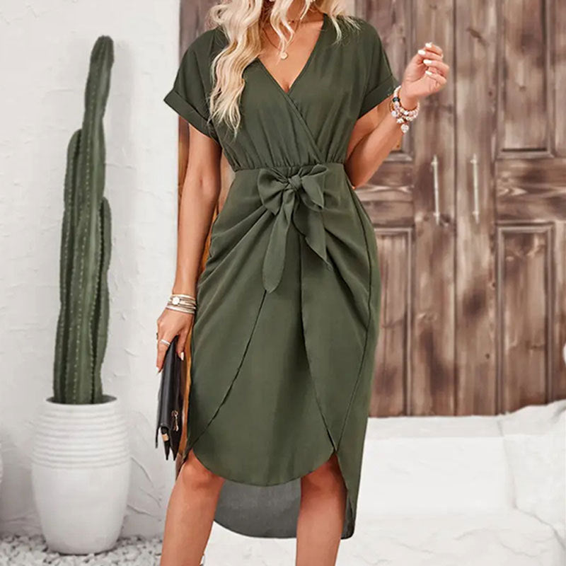 Solid Color Slit Stomach Blanket Short Short Sleeve Loose Bundle Dress Spring Autumn Senior Women Clothing by Ragazza