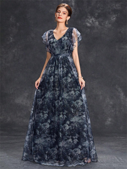 Evening Dress V neck Printed Mesh Ruffled Large Swing Party Dress Bridesmaid Dress Dance Dress Spring A Line by Ragazza